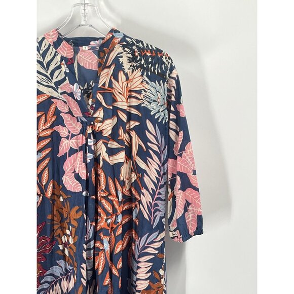 Floral Block Print Cotton Kaftan Midi Floral Tropical Boho Sz Small - Picture 2 of 5
